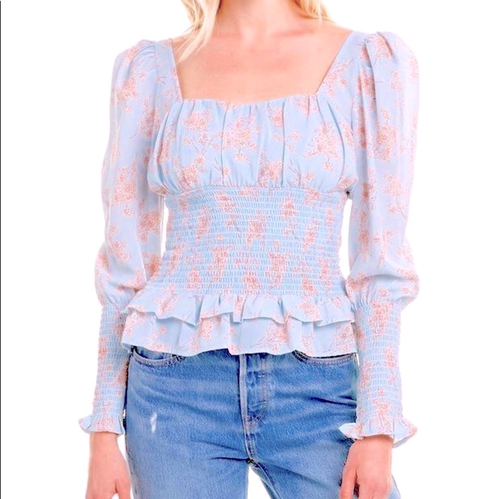 NWT CISTAR Smocked Fable Long Puff Sleeve Ruffled Floral Top Sz L